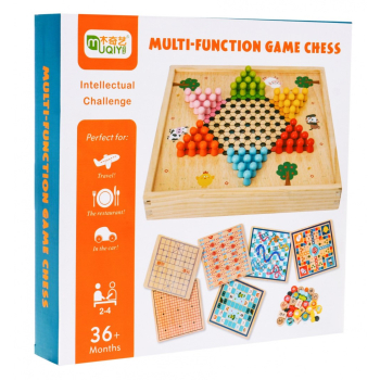 Drewniany zestaw gier planszowych 6w1 dla dzieci Trylma Węże i drabiny Szachy Chińczyk GO